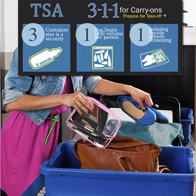 WANDF TSA Approved Clear Travel Toiletry Bag wih Zippers Carry-on Travel Accessories Quart Size Toiletries Cosmetic Pouch Makeup Bags for Men and Women (2pcs Pink) - Image 2